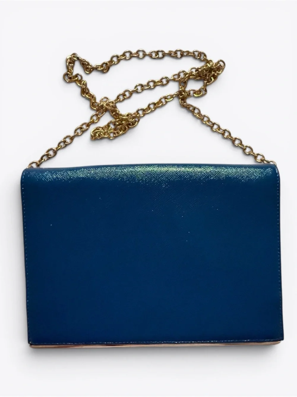 Nordstrom Halogen Peacock Blue Saffiano Leather Clutch Wallet Gold Chain Formal